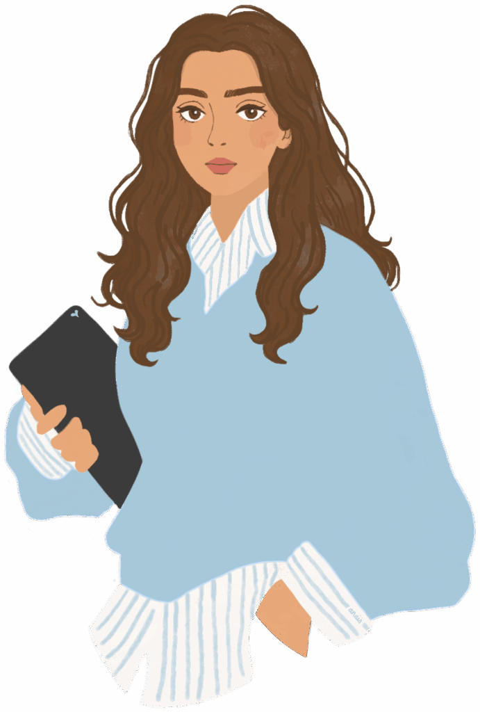 Illustration de Anaïs la fondratrice de Parsemée, elle tient une tablette de développement commercial