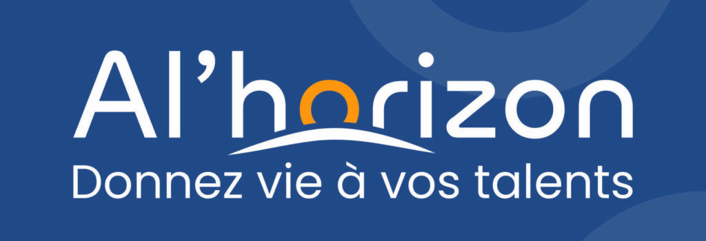 Nouveau logo Al'horizon en blanc sur fond bleu et baseline "Donnez vie à vos talents"