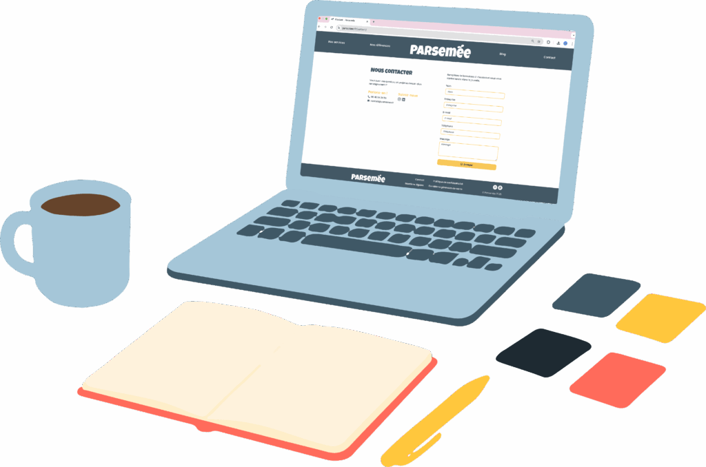 Illustration d'une mission de création d'identité visuelle avec un ordinateur, un cahier, crayon et couleurs